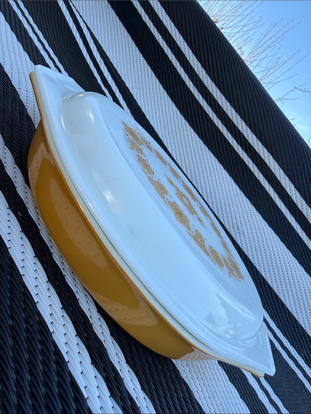 Vintage Style Yellow butterfly gold Covered Casserole Dish with Floral Lid